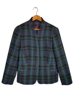 Talbots Wool Blend Plaid Navy Blue Green Classic Blazer Women's Size 10